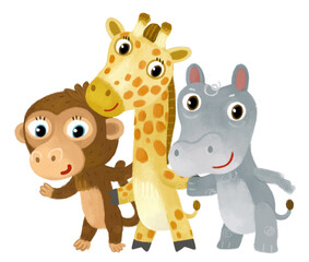 Cartoon zoo scene with zoo animals friends together in amusement park on white background with space for text illustration for children