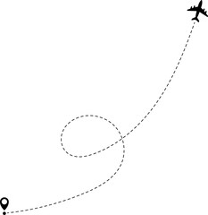 Airplane line path icon of air plane flight route with start point and dash line trace. Vector illustration