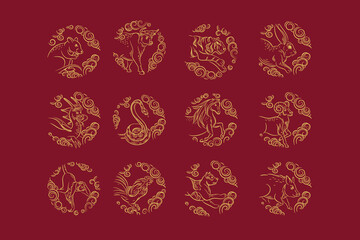 The set of symbols of the Chinese horoscope. Twelve zodiac animals.