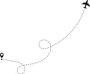 Airplane line path icon of air plane flight route with start point and dash line trace. Vector illustration