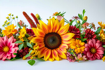 Bouquet of colorful flowers with large yellow sunflower in the center.