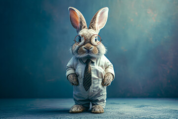 Small rabbit figurine wearing glasses and tie. - obrazy, fototapety, plakaty