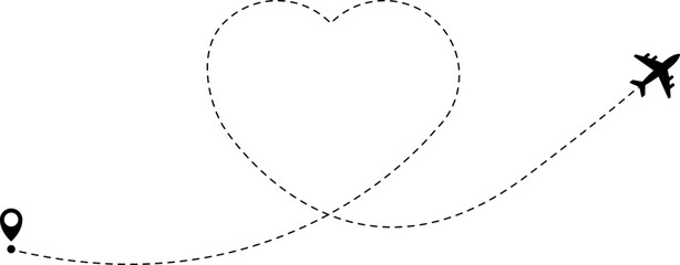 Airplane line path icon of air plane flight route with start point and dash line trace. Vector illustration