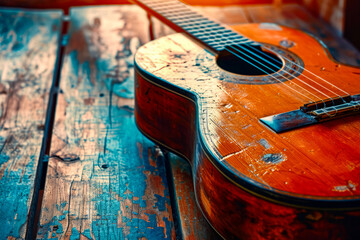 Old guitar sitting on wooden table with sun rays shining on it.