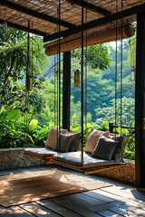 Bench swing is set up on patio with lots of plants and it is made out of tree sticks and rope.