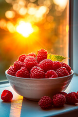 Bowl full of red berries likely raspberries or strawberries is sitting on windowsill in front of...