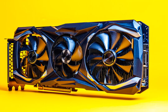 Graphics card with yellow background emphasizing its presence in the scene.
