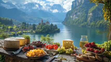 Table with board of various regional Swiss cheese against the backdrop of cows grazing on the pasture in the Switzerland. Beautiful Swiss landscape with mountains and lake. - obrazy, fototapety, plakaty