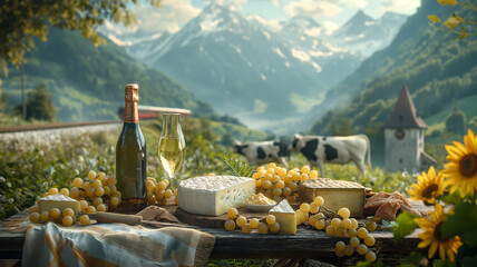 Table with board of various regional Swiss cheese and wine against the backdrop of cows grazing on the pasture in the Switzerland. Beautiful Swiss landscape with mountains and lake.