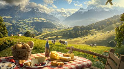 Table with board of various regional Swiss cheese and wine against the backdrop of cows grazing on the pasture in the Switzerland. Beautiful Swiss landscape with mountains and lake.