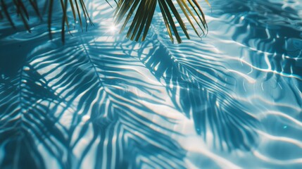 A palm tree leaves cast shadows on the water of a pool, AI