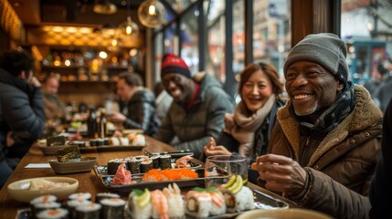 A group of people sitting at a table with sushi and other food, AI