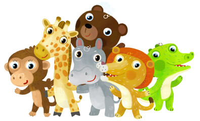Cartoon zoo scene with zoo animals friends together in amusement park on white background with space for text illustration for children