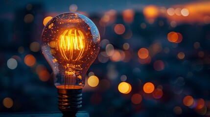 A light bulb sitting on top of a table with city lights in the background, AI