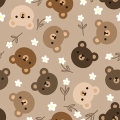 cute hand drawn teddy bear face with camomile white flowers on a brown background, kids seamless pattern design