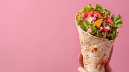 A person holding a burrito with vegetables and meat inside, AI