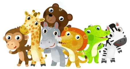 Wandaufkleber Cartoon zoo scene with zoo animals friends together in amusement park on white background with space for text illustration for children © honeyflavour