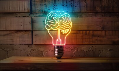 A light bulb neon sign in the shape of brain, bright idea concept - obrazy, fototapety, plakaty