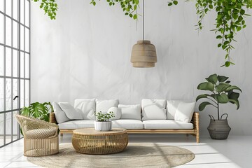  Minimalist Living Room with Natural Decor and Hanging Greenery - Generative AI