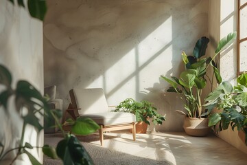 Sunlit Corner with Lush Indoor Plants and Modern Bench - Generative AI