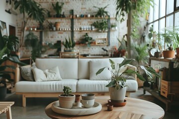 Fototapeta na wymiar Cozy Bohemian Living Room with White Sofa and Lush Plant Shelves - Generative AI