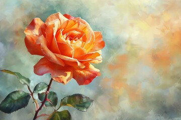 Orange rose in watercolor pastels vibrant yet soft hues blooming in morning light warm and cheerful