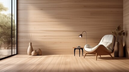 Beige tone room mock up with wooden chair and wall panel for interior design inspiration