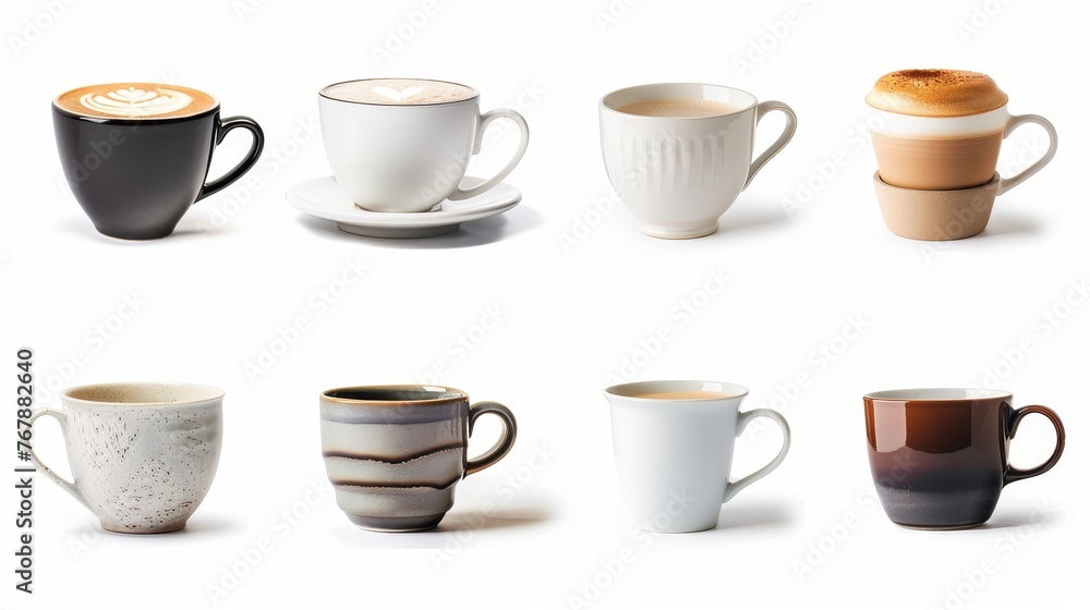 Poster the images show various coffee cups on white backgrounds. each one is shot separately