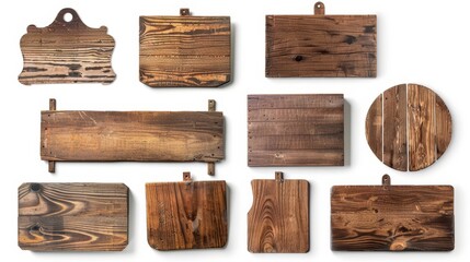 An assortment of empty wooden signs on a white background. Each one has its own shot.