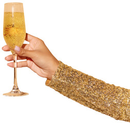 Lady's hand holding glass of champagne, sparkle wine against transparent background. Concept of...