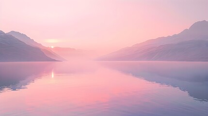 Ethereal Misty Lake Sunrise with Gentle Pink and Lavender Tones - Generative AI - Powered by Adobe