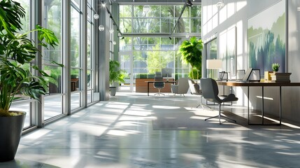 Sun-Filled Office Lobby with Lush Green Plants and Modern Furniture - Generative AI