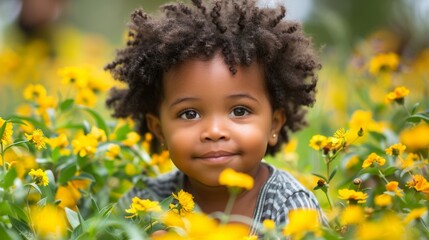 A young child with afro sitting in a field of yellow flowers, AI