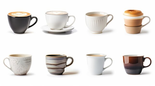 The images show various coffee cups on white backgrounds. Each one is shot separately