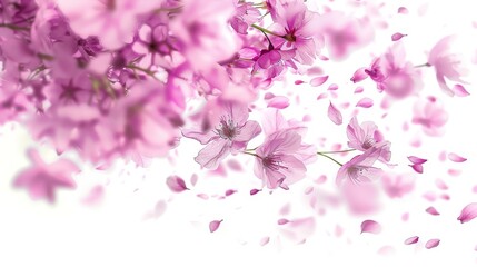 In depth of field, repeatable pink blossom breeze of many different flying flower buds and petals is isolated on white background