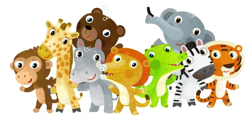 Sierkussen Cartoon zoo scene with zoo animals friends together in amusement park on white background with space for text illustration for children © honeyflavour