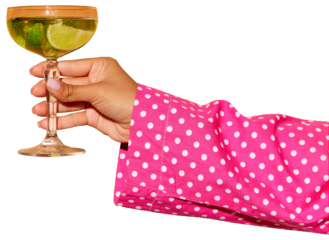 Exclusive alcoholic drink. Female hand holding glass with cocktail mojito with lime over bright orange background. Concept of party, relax, alcohol, holidays, celebrations, Friday mood.