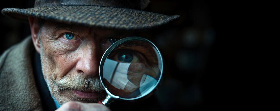 old elderly investigator man detective with a mustache in hat looks through a magnifying glass close-up