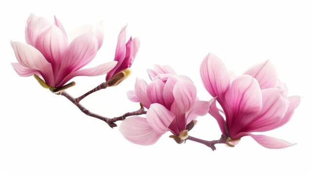 The beautiful pink spring magnolia flowers are isolated on white on a tree branch