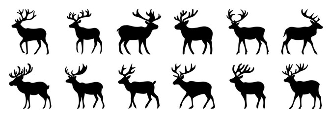 Obraz premium Deer silhouettes set, large pack of vector silhouette design, isolated white background.