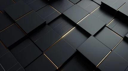 Poster Abstract pattern of matte black tiles intersected by illuminated golden lines creating a sleek and luxurious design. © cherezoff
