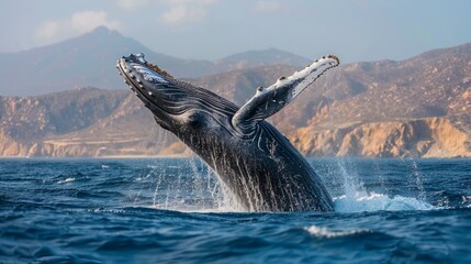 Blue whale jump out from Ocean - obrazy, fototapety, plakaty