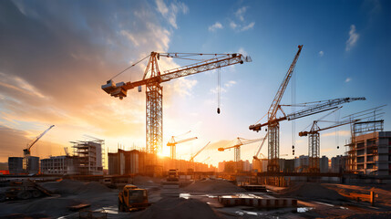 Fototapeta na wymiar Dynamic Construction Site: A Towering Yellow Crane in Full Operation Under A Clear Azure Sky