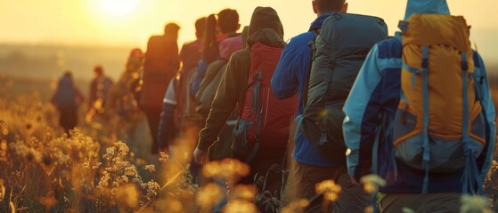 Friends walking with backpacks in sunset. Concept of adventure, travel, tourism, hike, and friendship among people. - obrazy, fototapety, plakaty