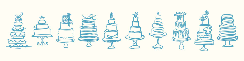 Vector isolated hand drawn sketch of trending wedding and birthday cakes with floral and bows decoration on a white background. Holiday dessert in vintage style. For menu and cards.