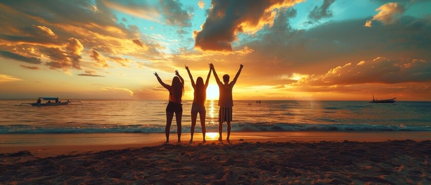 A group of best friends pose for a picture at sunset with their hands up together. A young couple with their best friends enjoying an exclusive alternative destination. An orange glow adds a warm