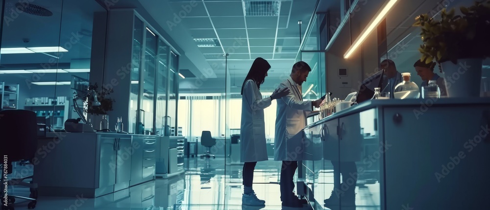 Poster Two scientists are working in an advanced scientific pharmaceutical lab for medicine, biotechnology development at the end of the day. They are using tablets to analyze tests and communicate.