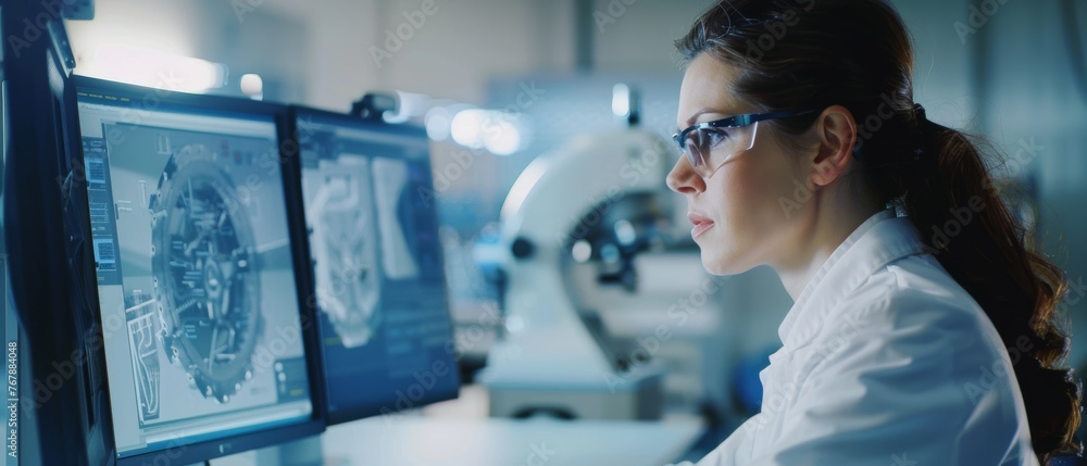 Poster Female Industrial Engineer Working on Computer. High Tech Facility with CNC Machinery. Beautiful and Confident Female Industrial Engineer Working on Computer.