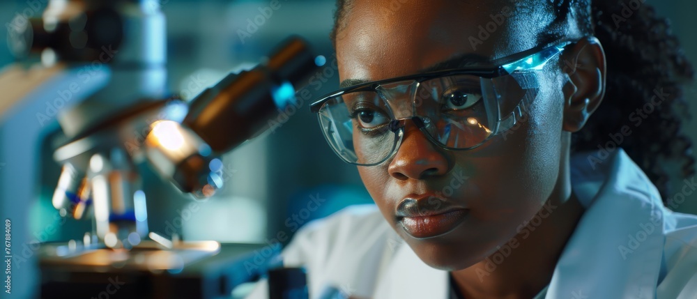 Aufkleber beautiful black scientist looking under microscope does a test sample analysis. ambitious young biot