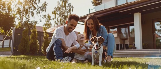 A handsome father, mother, and son enjoy time together in the backyard of an idyllic suburban home as they pet and play with their loyal Fox Terrier Retriever. The sun shines on a loving family with - obrazy, fototapety, plakaty